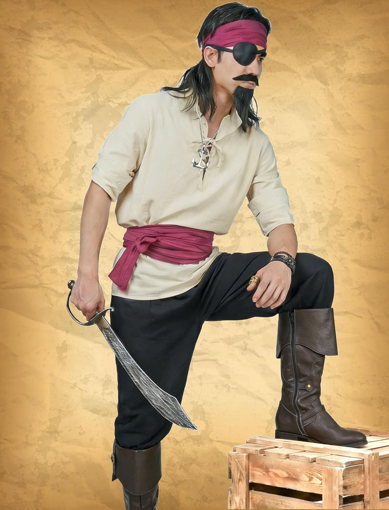 Vanderdyken Disfraz de pirata de 9 piezas para hombre, traje medieval renacentista vikingo con camisa, pantalón y accesorios para Halloween
