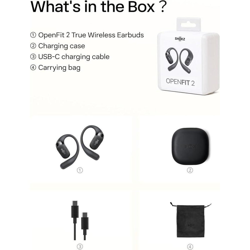 Shokz Openfit 2: Auriculares Abiertos Bluetooth Con Micrófono Y Gancho Para La Oreja, 48h Reproducción, Negros