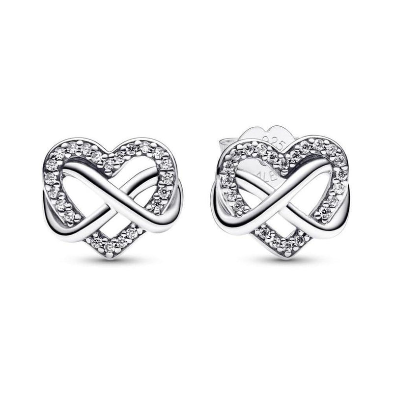 Aretes de tuerca Pandora corazón infinito brillante, plata de ley con circonita cúbica para mujer con caja de regalo