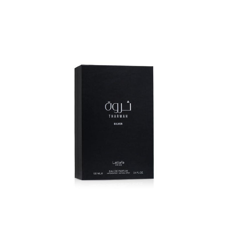 Lattafa Perfumes Tharwah Silver para Eau de Parfum en spray unisex, fragancia fresca y duradera