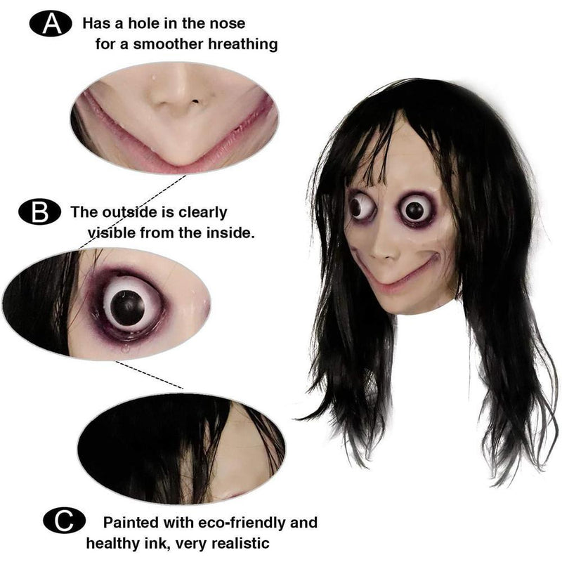 Máscara espeluznante de látex con cabello largo para Halloween y eventos de miedo, accesorio ideal para disfraces