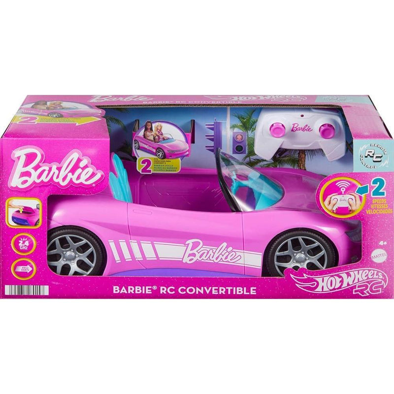Coche RC Hot Wheels Barbie Convertible Rosa, para 2 Muñecas Barbie y Maletero que Abre, con Hoja de Pegatinas