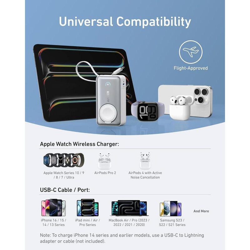 Anker MagGo Power Bank con certificación oficial para Apple, batería compacta de 10,000 mAh y cable USB-C integrado, para múltiples dispositivos