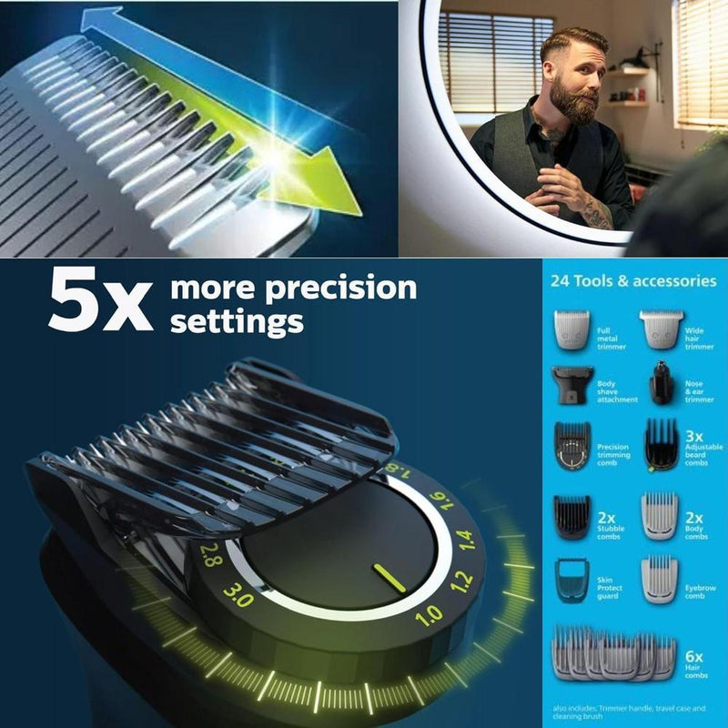 Philips Multigroom Series 9000 Recortadora 24 en 1 para Barba, Cabello y Cuerpo con Tecnología BeardSense, Impermeable