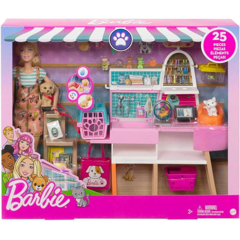 Muñeca Barbie rubia y conjunto boutique de mascotas con 4 mascotas, función de cambio de color y accesorios