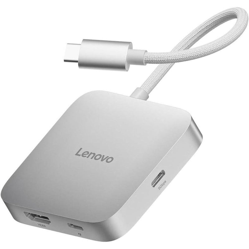 Lenovo Hub de viaje USB-C 5 en 1 con entrega de energía, HDMI 4K, puertos duales USB-C y USB-A, Plug and Play en gris plateado
