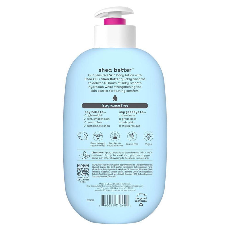 Loción corporal eos Shea Better para piel sensible con hidración de 48 horas, sin fragancia, vegana