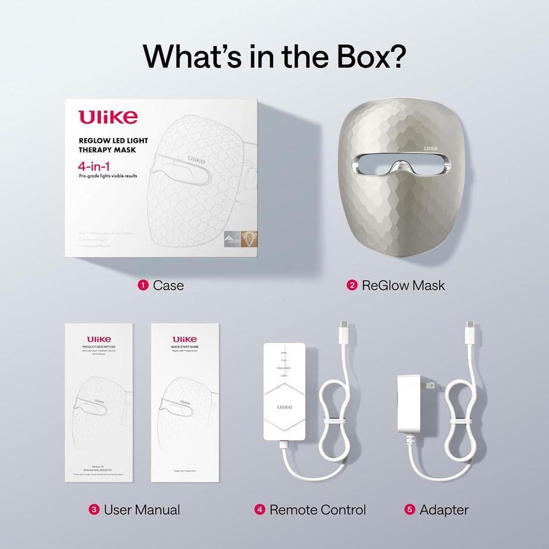 Máscara facial LED Ulike ReGlow para terapia de luz roja, azul, amarilla e infrarroja antiacné y antienvejecimiento con control remoto