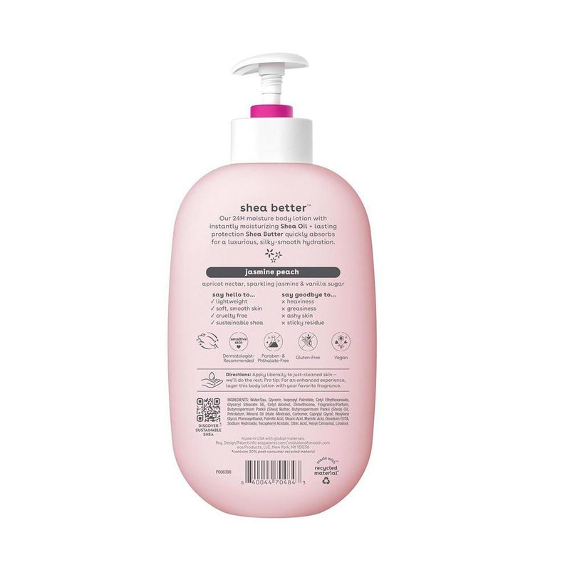 eos Shea Better Loción corporal Jasmine Peach, cuidado de la piel 24 horas, ligera, vegana y con karité natural