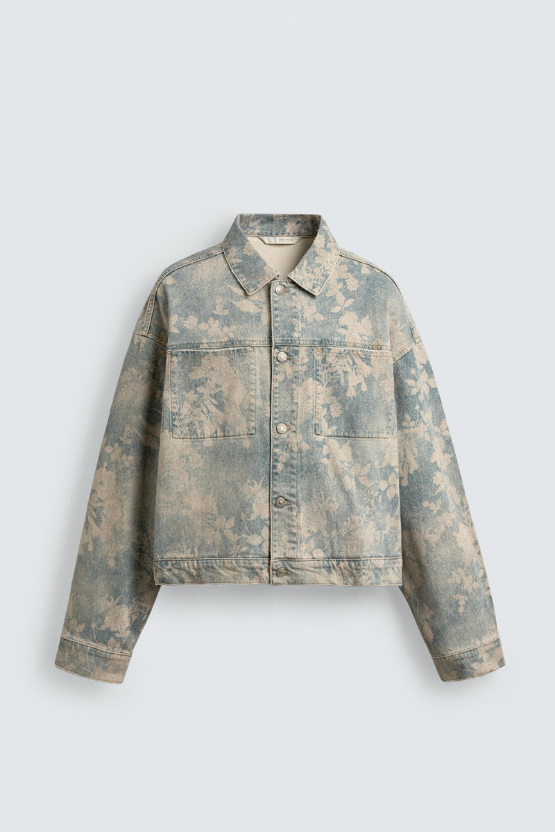 Cazadora Cropped Fit Denim Estampado Floral Zara