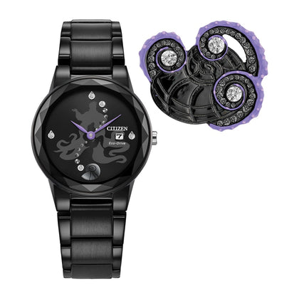 Citizen Eco-Drive Disney Villian Ursula Crystal reloj y pin set de regalo negro iones, esfera negra