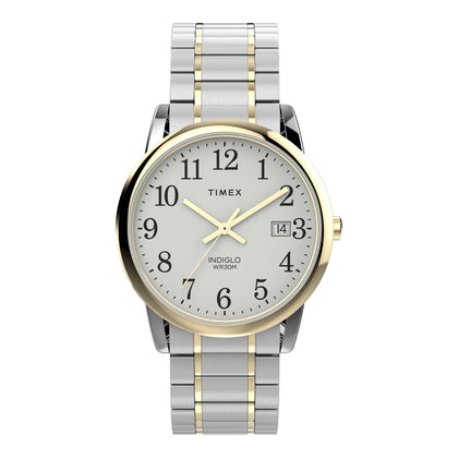 Timex Easy Reader con caja de dos tonos, banda de expansión multicolor, esfera blanca, y resistente al agua