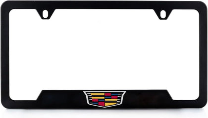 Cadillac Crest Wordmark Black Coated Zinc License Frame Bottom Engraved 2hole