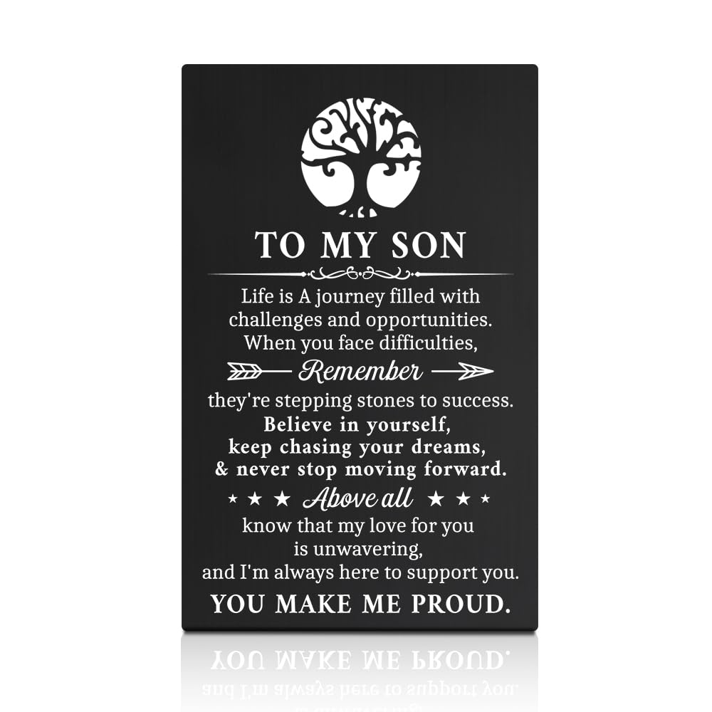 GEYGIE To My Son You Make Me Proud Black Wallet Card, Engraved Metal Wallet Insert Card Love Notes from Mom, Funny Graduation Birthday Coming of Age Wedding Freshman Gifts for Son with Mom Greeting
