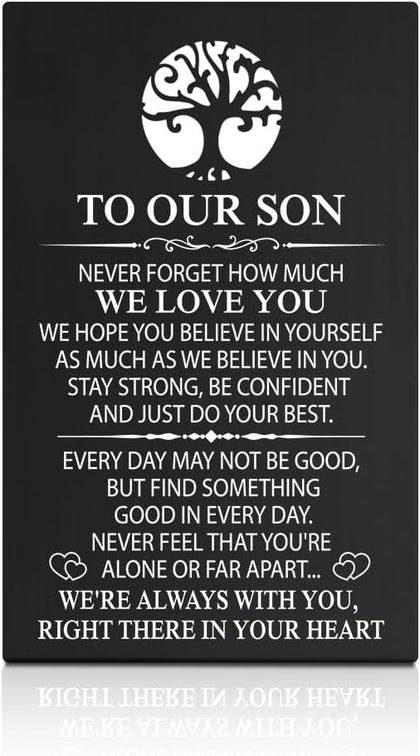 GEYGIE To Our Son We're Always With You Black Wallet Card, Engraved Metal Wallet Insert Card Love Notes from Mom Dad, Funny Graduation Birthday Coming of Age Wedding Freshman Gifts for Son with Love