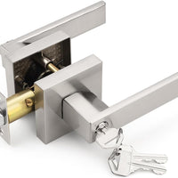 Tinewa Square Entry Door Lever with Lock and Key, Brushed Nickel Entrance Door Handles, for Exterior or Interior Doors,1 Pack (Each with 3 Keys)