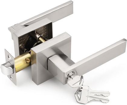 Tinewa Square Entry Door Lever with Lock and Key, Brushed Nickel Entrance Door Handles, for Exterior or Interior Doors,1 Pack (Each with 3 Keys)