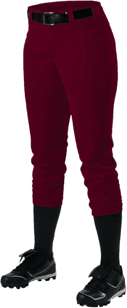 Alleson Athletic Fastpitch Softball Pants for Women. Low Rise Double Knit Maroon Softball Pants with Belt Loop (Style 605PBW) X-Large