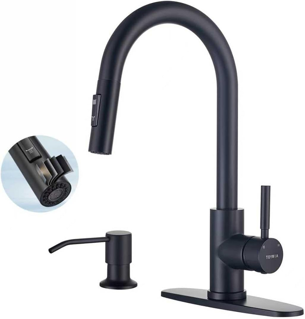 TOYWIA Kitchen Faucets with Soap Dispenser, Matte Black Single Handle High Arc Stainless Steel Sink Faucet with Pull Down Sprayer, 1 or 3 Hole Deck Plate Mount for Bar, RV, Laundry, Outdoor