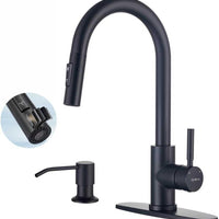 TOYWIA Kitchen Faucets with Soap Dispenser, Matte Black Single Handle High Arc Stainless Steel Sink Faucet with Pull Down Sprayer, 1 or 3 Hole Deck Plate Mount for Bar, RV, Laundry, Outdoor