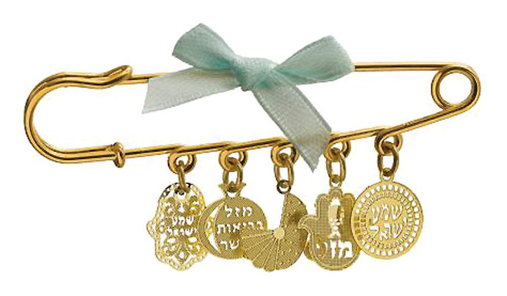 Jewish Baby Boy Safety Pin - Hamsa - Shema Yisrael - Luck Health Happiness - Newborn Gift