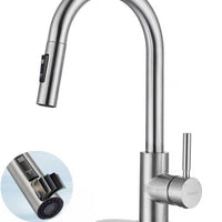 TOYWIA Kitchen Faucets with Pull Down Sprayer, Brushed Nickel Single Handle High Arc Stainless Steel Sink Faucet with Deck Plate, 1 or 3 Hole Deck Mount for RV, Bar, Farmhouse, Laundry, Outdoor