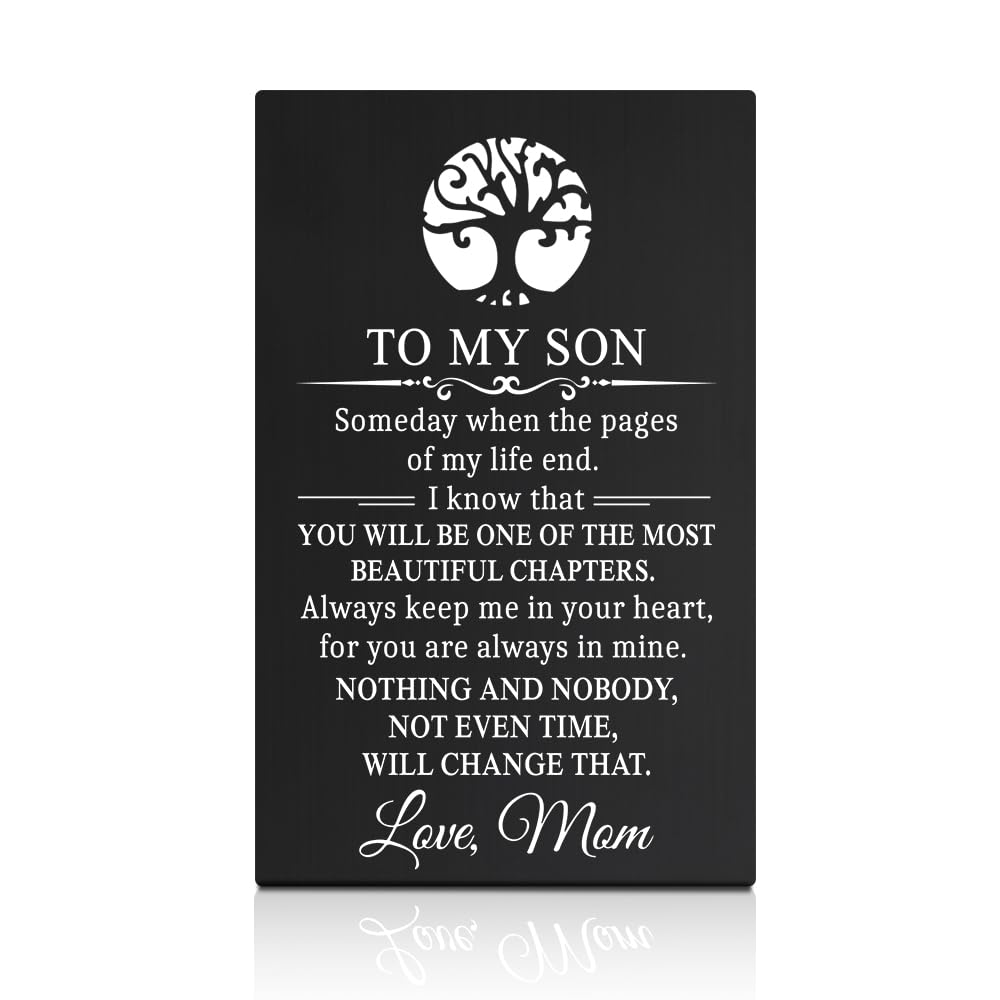 GEYGIE To My Son Black Wallet Card, Engraved Metal Wallet Insert Card Love Notes from Mom, Heartfelt Graduation Birthday Coming of Age Wedding Freshman Gifts for Son with Meaningful Mom Messages