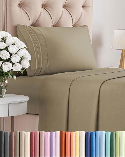 Twin Size 3 Piece Sheet Set - Comfy Breathable & Cooling Sheets - Khaki
