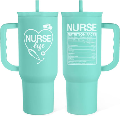 SANDJEST Nurse Gift Tumbler 40oz with Handle and Straw – Nutrition Facts Insulated Stainless Steel Travel Coffee Mug for Nursing Friends - Gifts for Nurse Week, Appreciation, Birthday, Christmas