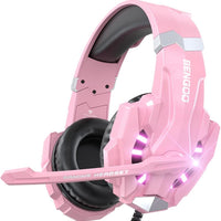 BENGOO G9000 Professional Gaming Headset for PS4, PC, Xbox One Controller, Noise Cancelling Over Ear Headphones with Mic, LED Light, Bass Surround, Soft Memory Earmuffs for Laptop - Pink
