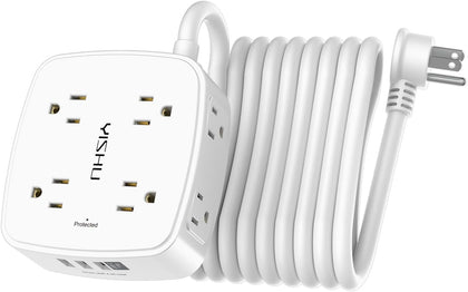 15 Ft Surge Protector Power Strip - 8 Widely Outlets with 4 USB Ports, 3 Side Outlet Extender with 15 Feet Extension Cord, Flat Plug, Wall Mount, Desk USB Charging Station, ETL, White