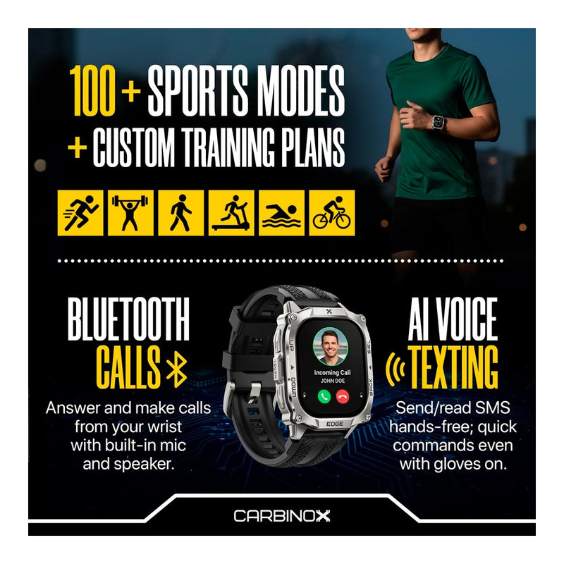 CARBINOX Smartwatch resistente con pantalla AMOLED, acero inoxidable, IP69K/5ATM, GNSS dual, batería 500mAh, Bluetooth