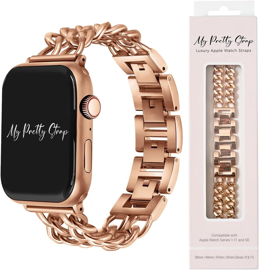 My Pretty Strap Double Chain Band Compatible with Apple WATCH SE Series 8 7 6 5 4 3 2 1, 38/40/41mm or 42/44/45/49mm for Women (42MM / 44MM / 45MM / 49MM, Rose Gold)