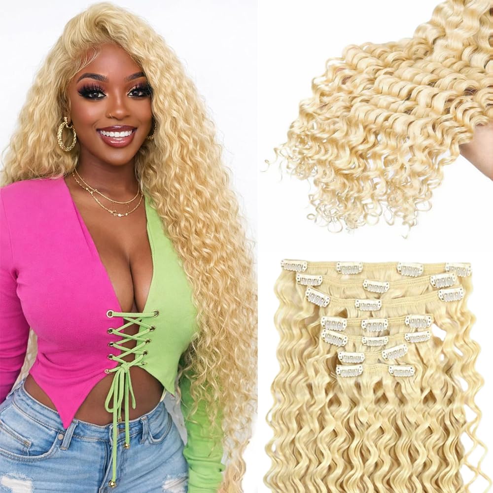 #613 Blonde Clip in Hair Extensions,18 Inch Soft Real Human Hair 120g 7pcs,Brazilian Remy Clip ins,Honey Blonde Clip ins Silky Deep Wave Hair Extensions