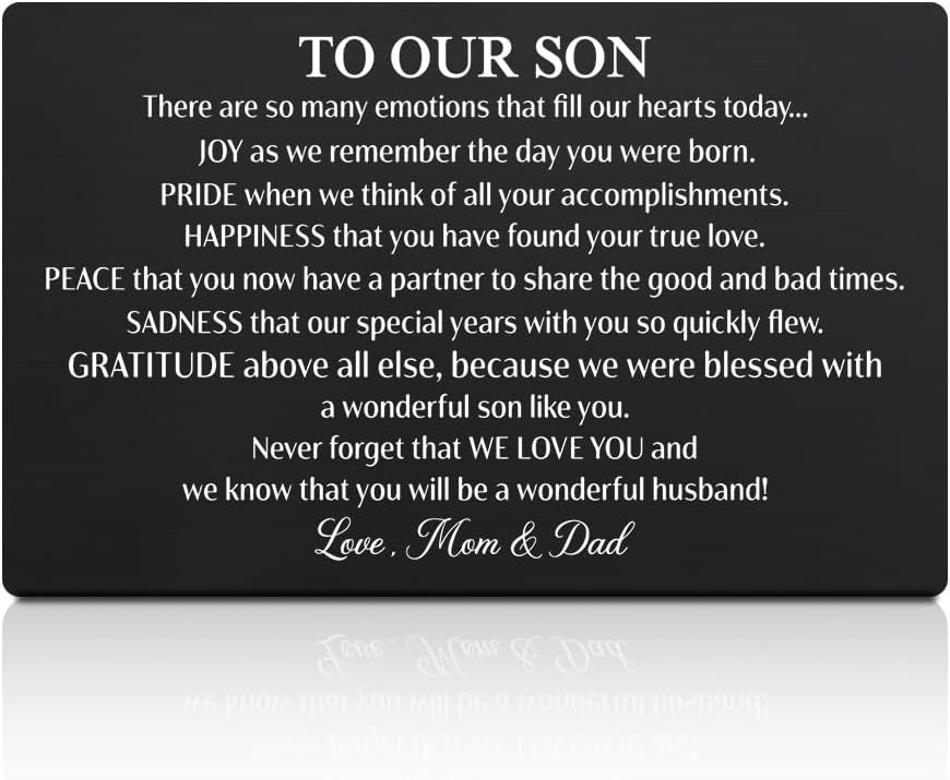 GEYGIE To Our Son On Your Wedding Day Black Wallet Card, Engraved Metal Wallet Insert Card Encouragement Greeting from Mom & Dad, Groom Cards Gifts from Parent, Heartfelt Wedding Notes Gifts for Son