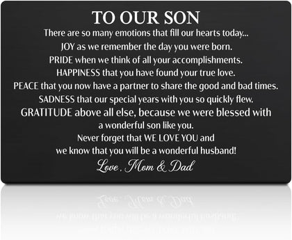 GEYGIE To Our Son On Your Wedding Day Black Wallet Card, Engraved Metal Wallet Insert Card Encouragement Greeting from Mom & Dad, Groom Cards Gifts from Parent, Heartfelt Wedding Notes Gifts for Son