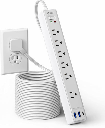 15Ft Long Extension Cord, SUPERDANNY Flat Plug Surge Protector Power Strip