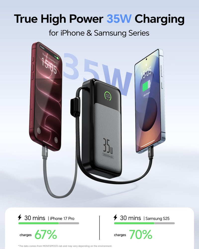 MOVE SPEED 35W Portable Charger, 20000mAh Power Bank,Built in USB-C Cables