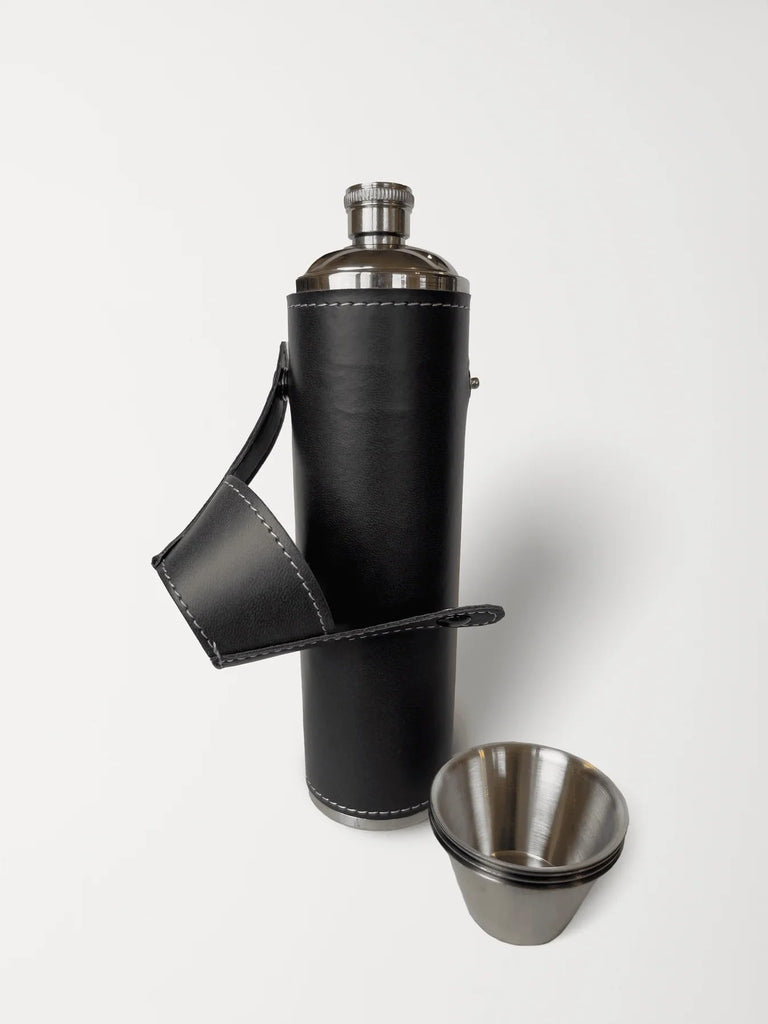 Birdie Bottle 12oz Black Flask with 4 Shot Glasses in Cap – Stainless Steel with Waterproof Leather Case, Leakproof, Reusable, Travel