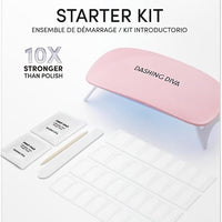 Dashing Diva Glaze Nail Starter Kit - Daikon - Long Lasting, Chip Resistant, Semi-Cured Gel Nail Strips - 7-Piece Manicure Set with 32 Strips and Mini LED Lamp