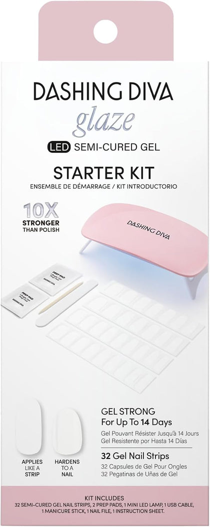 Dashing Diva Glaze Nail Starter Kit - Daikon - Long Lasting, Chip Resistant, Semi-Cured Gel Nail Strips - 7-Piece Manicure Set with 32 Strips and Mini LED Lamp