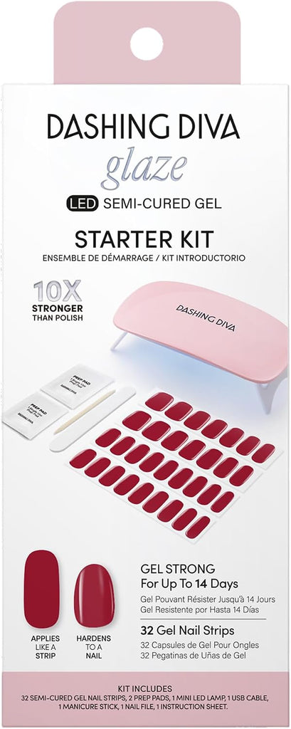 Dashing Diva Glaze Nail Starter Kit - Hot Tamale - Long Lasting, Chip Resistant, Semi-Cured Gel Nail Strips - 7-Piece Manicure Set with 32 Strips and Mini LED Lamp
