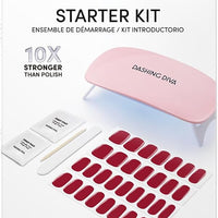Dashing Diva Glaze Nail Starter Kit - Hot Tamale - Long Lasting, Chip Resistant, Semi-Cured Gel Nail Strips - 7-Piece Manicure Set with 32 Strips and Mini LED Lamp