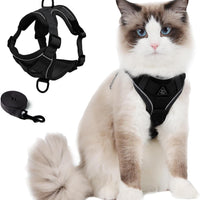 Skmeditec Cat Harness and Leash Set: Upgraded Escape Proof Vest with Lead for Large Cat Small Dog Puppy Walking, Soft Jacket Reflective Strips, Black (L)