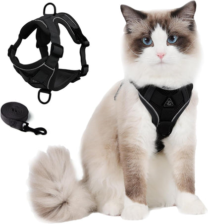 Skmeditec Cat Harness and Leash Set: Upgraded Escape Proof Vest with Lead for Large Cat Small Dog Puppy Walking, Soft Jacket Reflective Strips, Black (L)