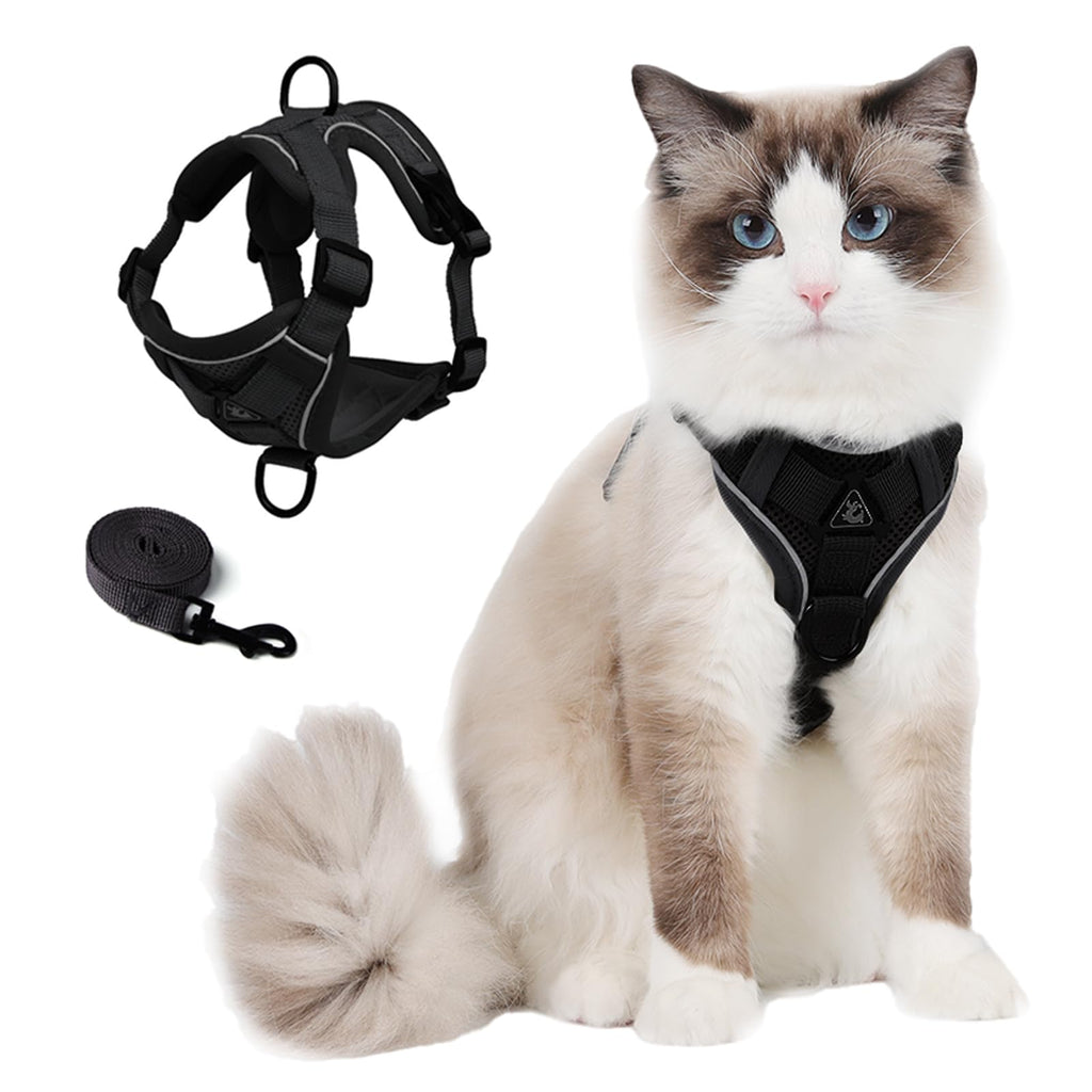 Skmeditec Cat Harness and Leash Set: Upgraded Escape Proof Vest with Lead for Large Cat Small Dog Puppy Walking, Soft Jacket Reflective Strips, Black (M)