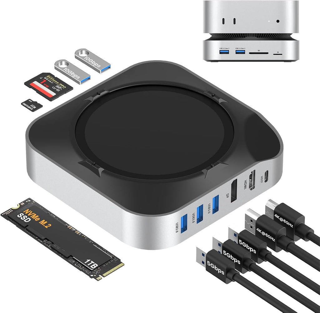 BAOZEE Mac mini M4 Dock with NVMe SSD Enclosure, Docking Station Dual Monitor for Mac mini M4/M4 Pro, 6-Port USB-C Hub with 4K60Hz HDMI, DisplayPort, SD/TF Card Reader, 10Gbps USB-A