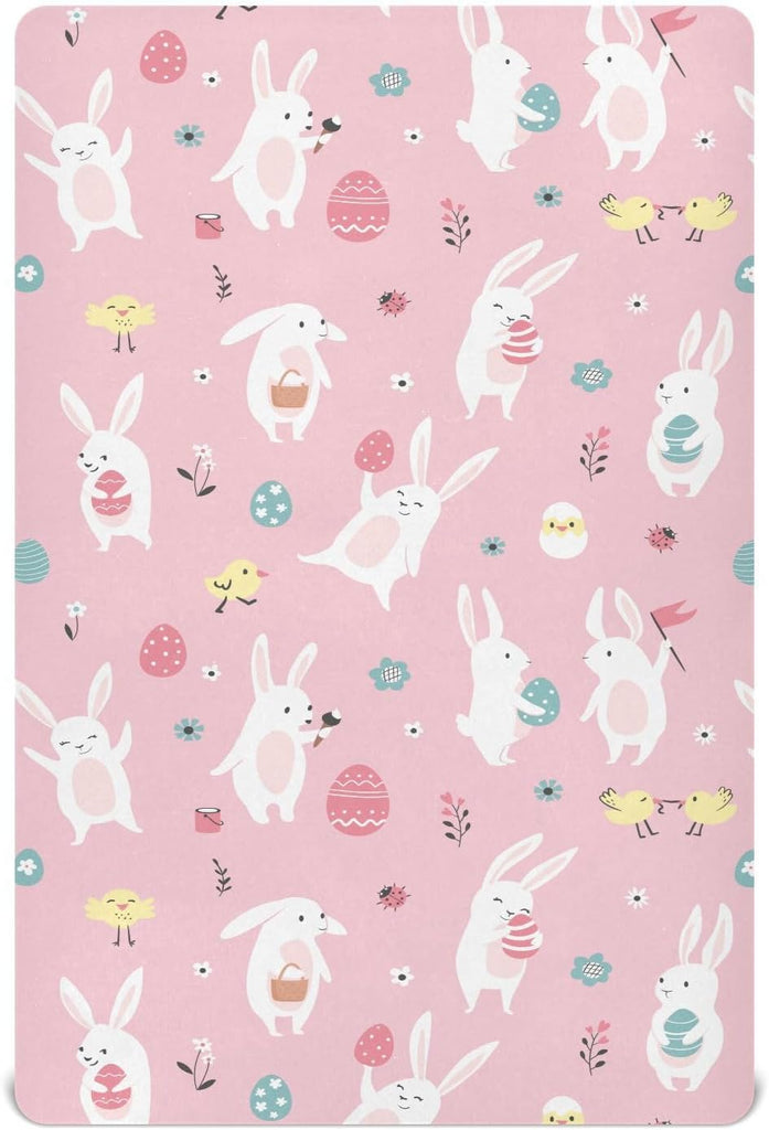 Crib Sheets for Boys Easter Rabbits Eggs Toddler Baby Girl Sheets for Crib,Neutral Mini Crib Nursery Mattress Sheets Fitted,Crib Mattress 52 * 28 * 9In Pink