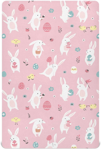 Crib Sheets for Boys Easter Rabbits Eggs Toddler Baby Girl Sheets for Crib,Neutral Mini Crib Nursery Mattress Sheets Fitted,Crib Mattress 52 * 28 * 9In Pink