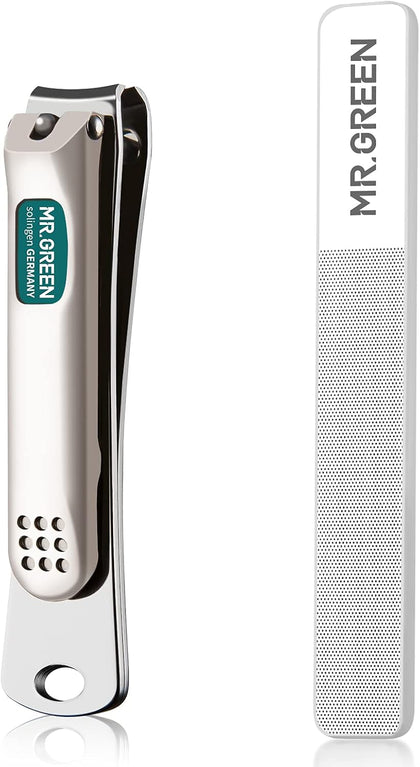 MR.GREEN Nail Clippers Curved Blades Fingernail Cut Nippers Manicure Scissors Stainless Steel Pedicure Tools (Medium+Glass File)